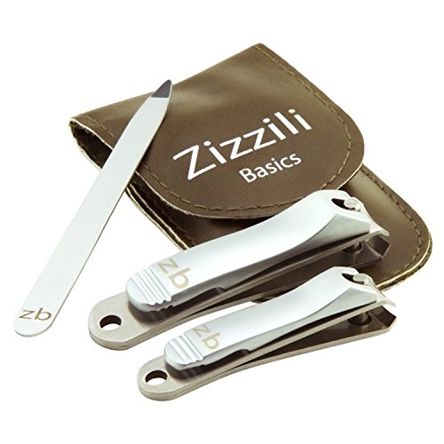 Nail Clippers by Zizzili Basics - 3 Piece Nail Clipper Set - Stainless Steel Fingernail & Toenail Clippers with Nail File and Brown Carry Case - Best Nail Care for Manicure, Pedicure, Home & Travel