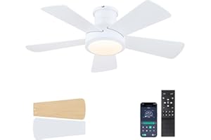 HOUNBERI Ceiling Fans with Lights,Modern Low Profile Ceiling Fan with Light and Remote Control,5 Dual-Sided Blades,Reversible DC Motor,40" White Small Flush Mount Ceiling Fan for Bedroom Indoor/Outdoor Use