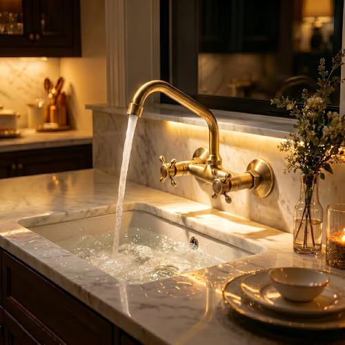 Antique Brass Wall Kitchen Tap, 360° Rotation Sink Mixer, Bathroom Sink Tap with Cross Knobs and Swivel Spout, Wall Kitchen Tap for Bathroom, Kitchen, Laundry