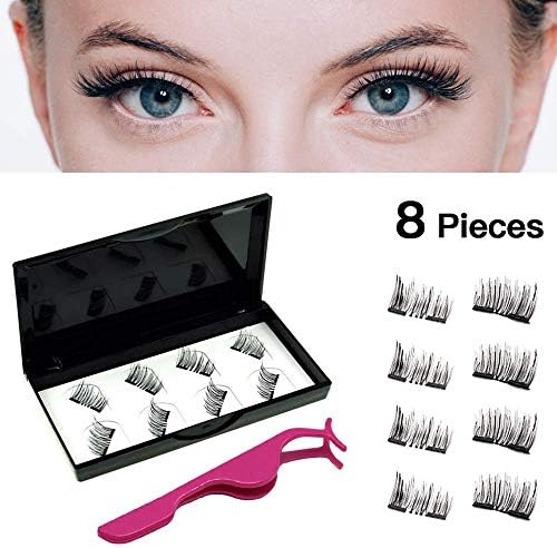 3D Reusable Extension False Eyelashes Handmade No Glue 3 Magnets Fake Eyelashes with Natural Soft Fiber with Tweezer(2 Pairs/8 PCS)