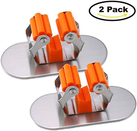 Mop Broom Hook Holder Organizer, 3M Self Adhesive Wall Mounted Mop Hooks Broom Hanger Holder with Spring Clip Bath Stailess Steel Hook ,Kitchen Save Spacer Hook Organizer 2 pcs Oval