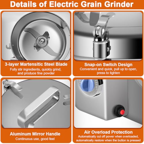 Electric Grain Mill Grinder, 2500g 2000W Coffee Bean Grinder Superfine Mill for Herb Spice Nut Cereal, 30s High-Speed Grinding with Overload Protection 5-8min Timer 32000RPM for Wheat Dry Food Kitchen
