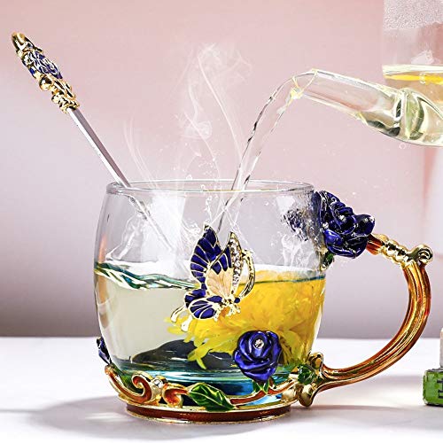 Tea Cup Coffee Mug Cups, Clear Glass Coffee Cups Tea Mugs with Spoon Set Handmade Enamel Butterfly Rose Flower,12 oz (Blue Rose) Ideal for Friend Wedding Anniversary Birthday Presents