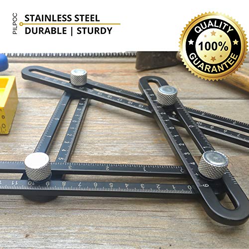 PILPOC Stainless Steel Multi Angle Measuring Ruler, Stainless Steel Black Unbreakable Thick Angle Ruler Template Tool, Laser Etched Markings, Carpenter Pencil, Cloth Case and Box