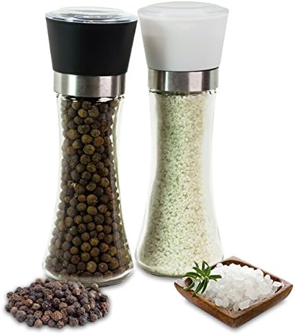 Stylish Salt &amp; Pepper Grinder Set by Kitchenware Kingdom - Unique Glass Body with 3 Coarseness Adjustments - Contemporary Design Salt &amp; Pepper Mill – BPA Free Shakers + Free Recipe eBook