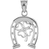 Claddagh Gold Fine 925 Sterling Silver Lucky Horseshoe with Irish 4-Leaf Clover CZ Pendant
