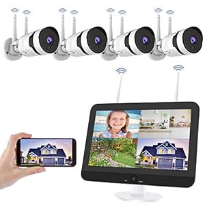 Wireless Security Camera System with 12 inch LCD Monitor, HJSHI 1080P 8CH NVR 4Pcs Outdoor WiFi Surveillance Cameras…