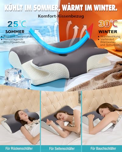 Neck Pillow Neck Pain Ergonomic Memory Foam Neck Support Pillow, Orthopaedic Pillow Against Neck Pain, Sleeping Pillow for Side Sleepers, Back and Stomach Sleepers 65 x 40 x 11/14 cm
