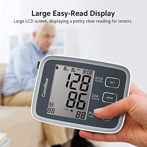CocoBear Blood Pressure Monitor Upper Arm Digital Automatic BP Monitor for Home Use, 2 * 90 Memory Storage Adjustable Cuff Batteries Included Gray