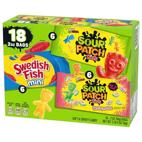 SOUR PATCH KIDS AND SWEDISH FISH MINI SOFT & CHEWY CANDY VARIETY PACK, BULK CANDY, 18-2 OZ BAGS