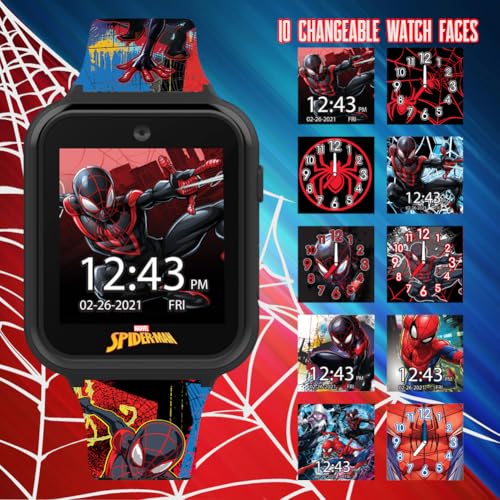 Spider-Man Kids LED Smartwatch with 10 Watch Faces, Flashing LED Bezel, Step Counter, Selfie and Video Camera, Timer, Stopwatch, Alarm, Calculator, Fun Games, and 3 Wallpapers – Fits Wrists 5.5
