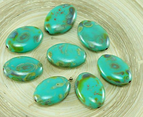 4pcs Large Picasso Turquoise Green Czech Glass Flat Oval Beads 20mm x 14mm