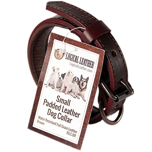 Logical Leather Padded Dog Collar - Best Full Grain Heavy Duty Genuine Leather Collar - Brown - Small