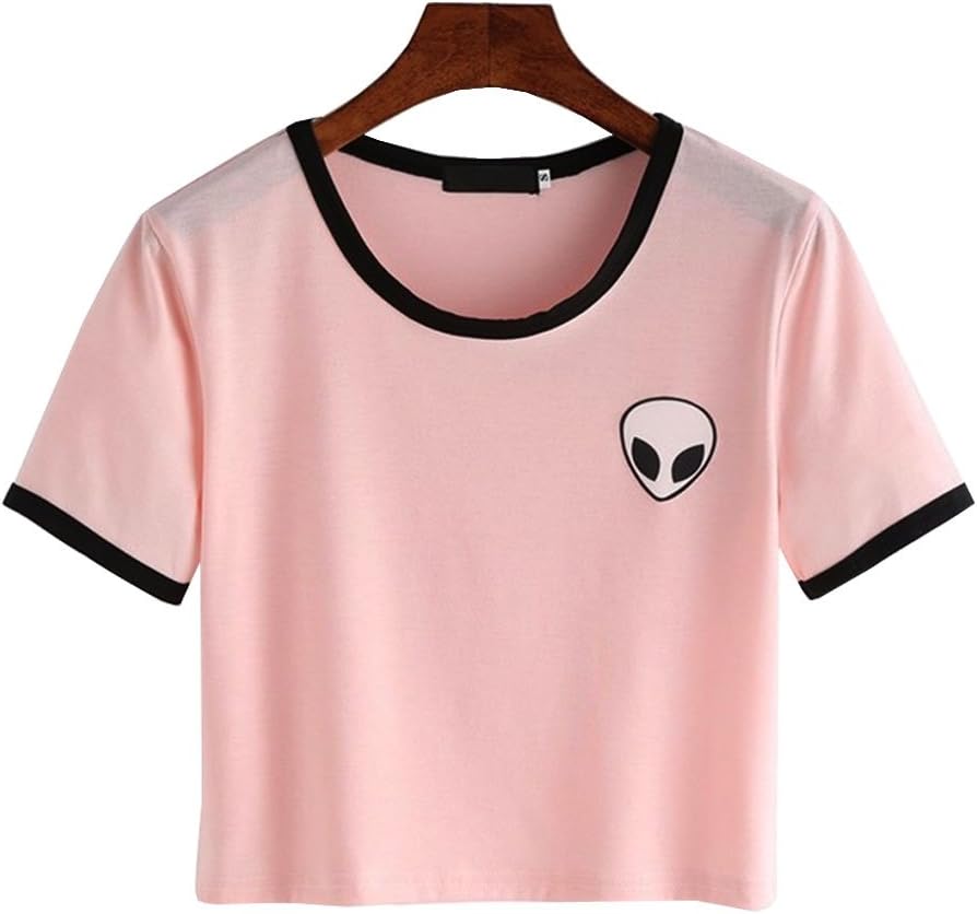 Alien Top Casual Hipster Shirt Crop Top Tees T-Shirt For Lady female Pink