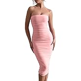 LCNBA Women's Sexy Strapless Tube Mesh Ruched Bodycon Split Midi Party Club Dress