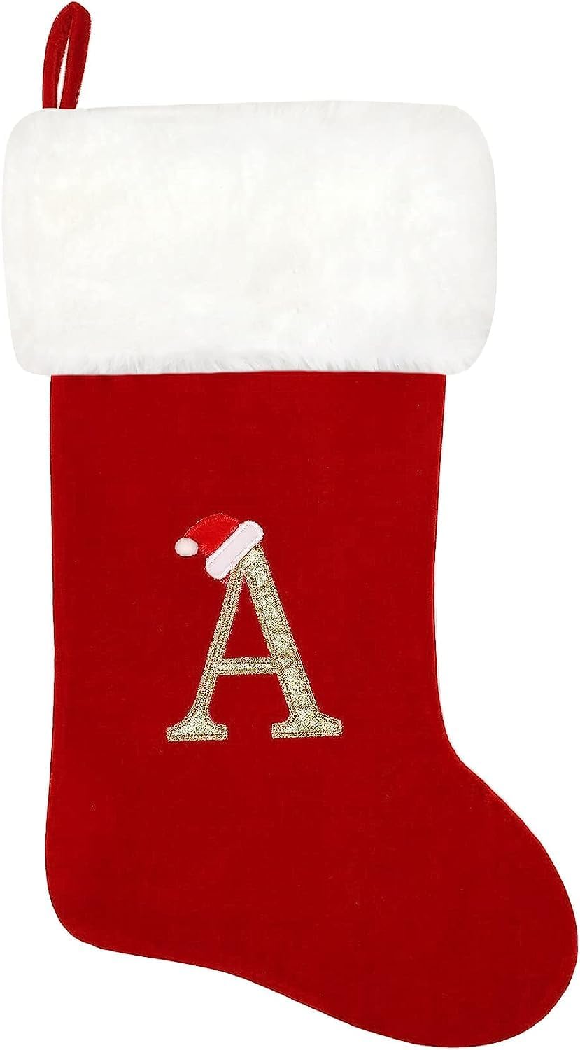Stockings & Holders - SherryDC Personalized Letter Christmas Stockings, Soft Velvet Plush Cuff Embroidered Xmas Stockings Decorations for Family Holiday Season Decor(Letter A)