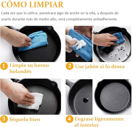 Ausein Juego de 5 Sartenes de Hierro Fundido, Cast Iron Skillet con Espátula y Guantes, Cacerolas de Hierro Fundido Antiadherentes, Ideal para el hogar, la cocina y el camping
