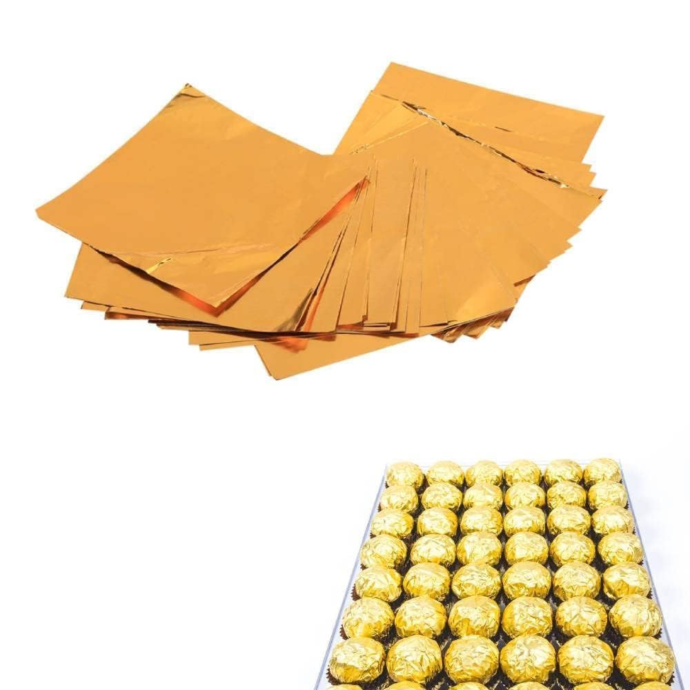 100 Sheets Gold Foil Wrappers, 8x8cm Chocolate Candy Wrappers Sugar Lolly Foil Wrappers Confectionary(Gold)