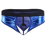 YiZYiF Men's Metallic Underwear Front Open G-string with 5 Ball Lifter Rings Trunk Shorts Blue Large
