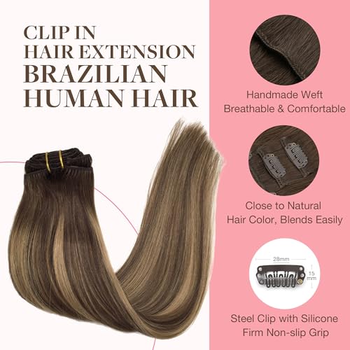 GOO GOO Natural Hair Clip in Extensions, 7pcs 120g 50cm 4/27/4 Chocolate Brown to Caramel Blonde, Natural Hair Extensions