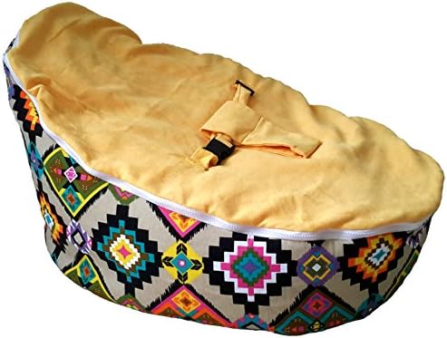 UNFILLED Baby Bean Bag Chair | Cozy Adaptable Newborn Seat Lounger | Lightweight & Portable | Anti-Flat Head | 2 Soft Removable Top Covers | 3-point Safety Harness For Infants (ETHNIC PRINTS YELLOW)