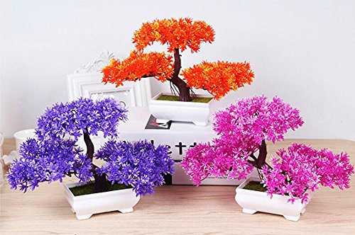 Frjjthchy Mini Artificial Bonsai Tree Plants with Plastic Cement Pots for Home Office Décor (Yellow) - Thumbnail 3