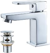 Luckyhome Square Basin Mixer Tap Chrome Brass Single Lever with Pop Up Waste G