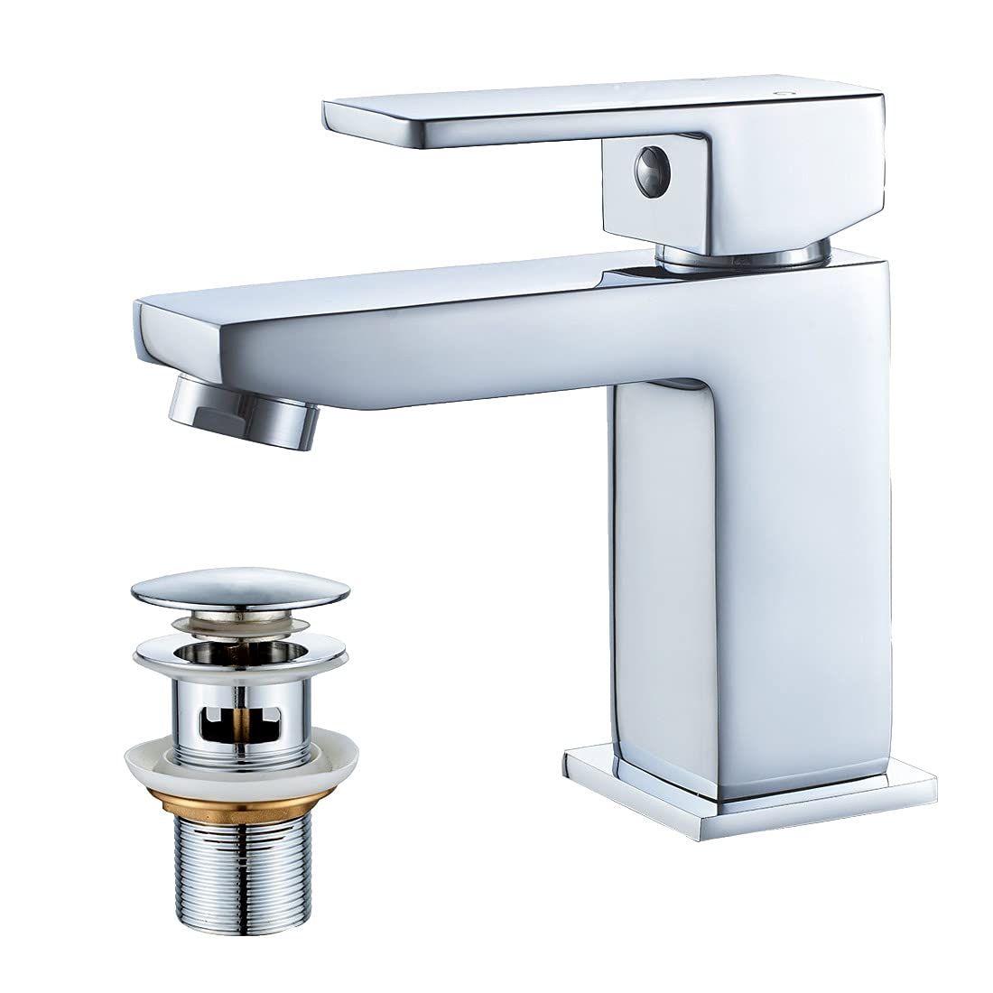 Luckyhome Basin Mixer Tap with Pop up Waste,Washroom Square Single Lever Chrome Brass Mixer Tap
