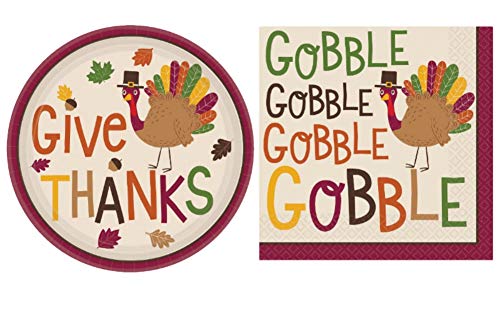 Thanksgiving Turkey Dessert Party Bundle: Includes Paper Plates & Napkins for 18 Guests in a Give Thanks Gobble Gobble Design