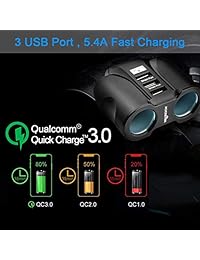 ROCKETEK 2-Socket 90W 12V 24V DC Toma de corriente múltiple Encendedor de cigarrillos Adaptador de corriente con triple USB 3.0 Cargador de carga USB para coche de carga rápida para iPhone ipad Android Teléfono celular tableta, GPS