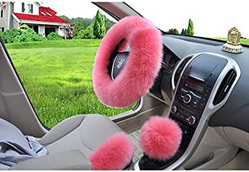 Faceyoung Fashion Steering Wheel Covers for Women/Girls/Ladies Australia Pure Wool 15 Inch 1 Set 3 Pcs (Pink)