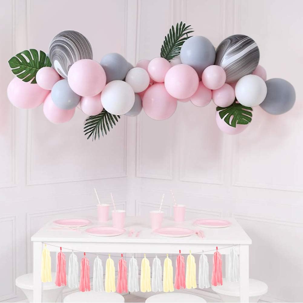 JOYYPOP Pink Balloon Garland Kit with Plam Leaves 107 pcs Pink White Gray Balloons for Baby Shower Birthday Party Wedding Decorations