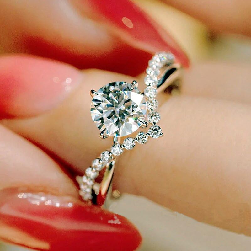 925 Sterling Silver Promise Ring Engagement Proposal Wedding Ring Fashion Four Claw Crown V Ring Princess Imitation Moissanite Ring Cocktail Ring Round Cut Cubic Zirconia Wedding Promise Ring（7）