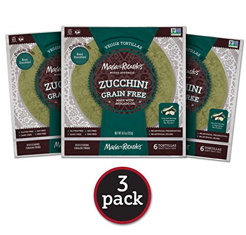 Maria & Ricardo's Zucchini Grain Free Tortillas. (3 Packages) 1 serving of vegetables in each tortilla. Non GMO PV. Vegan. Gluten Free. 6 Tortillas per Pack (18 Tortillas)