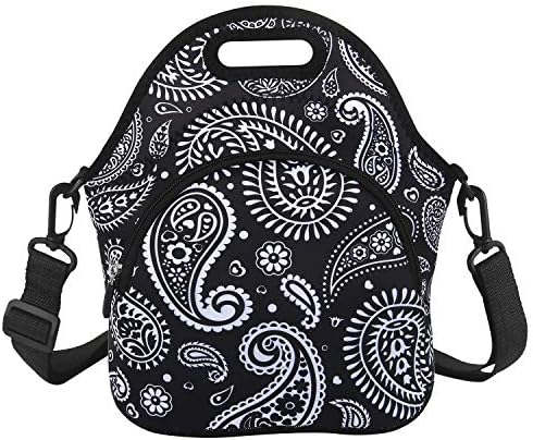 True Holiday Women Lunch Bag, Neoprene Thermal Insulated Retro Flower Lunch Bag with Adjustable Shoulder Strap and Zipper Pocket for Women and Girl to Office School Picnic-Black