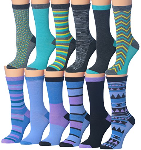 Tipi Toe Women's Ladies 12 Pairs Colorful Funky Fashion Blue Purple Crew Socks, (sock size 9-11) Fits shoe size 5-9, WC29-AB