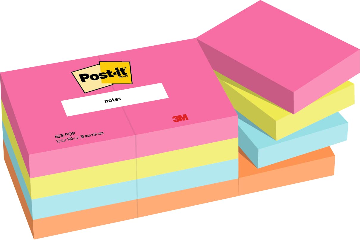 Post-it Notes Poptimistic Color Collection, Pack of 12 Pads, 100 Sheets per Pad,38 mm x 51 mm, Pink, Green, Blue, Orange - Self-Stick Notes for Note Taking, to Do Lists & Reminders