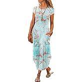 Akivide Womens Boho Summer Short Sleeve Ethnic Floral Print Maxi Dress 2024 Crew Neck Casual Loose Dress with Pockets