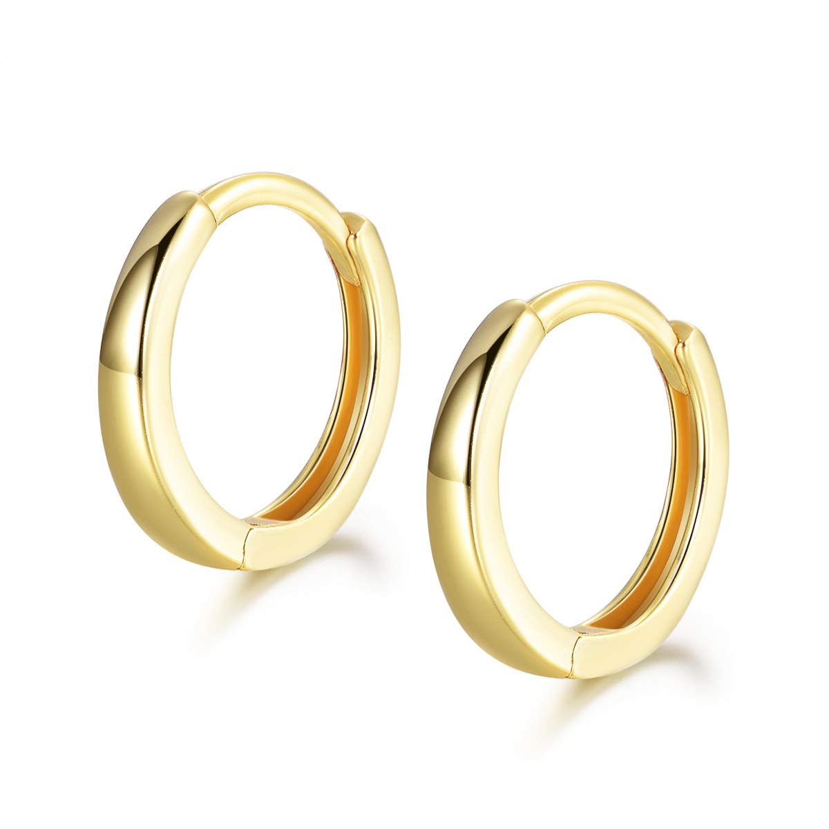 Shuxin Hoop Earrings 925 Sterling Silver, Glossy Huggie Hinged Earrings for Women & Men, Diameter 13mm Hypoallergenic Gold Small Sleeper Hoops Earrings