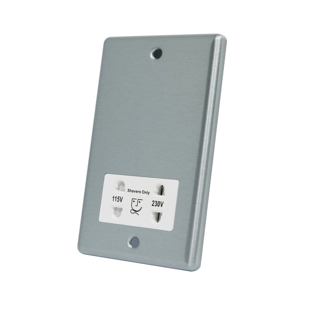 AET CSCSHAWH 115/230 V 2-Gang Satin Finish Chrome Classical Shaver Socket with White Insert, 240 V