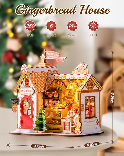 ROBOTIME DIY Miniature House Kit, Tiny House Book Nook for Family and Friends, Mini Wooden Dollhouse Kit for Halloween/Christmas/Birthday Gifts（Gingerbread House）