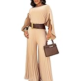 CHICME Women's 3 Piece Pleated Outfits One Shoulder Tops with High Waisted Wide Leg Pants Casual Vacation Outfit