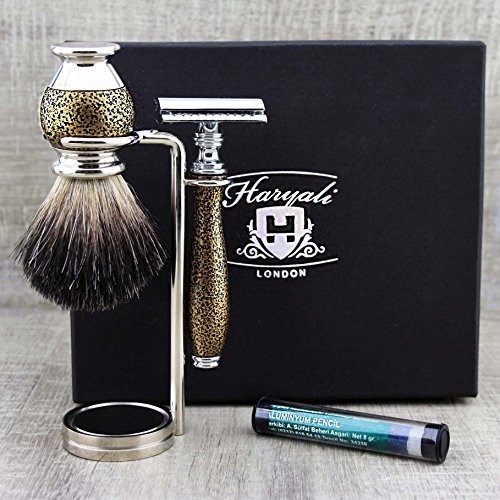 Haryali London Mens Shaving Kit with Double Edge Safety Razor, Black Badger Hair Brush, Stand and Alum Pencil Perfect Set for Men