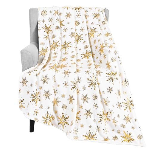Photo 1 of Merry Christmas Throw Blanket, Gold Snowflake Foil Print Throw Blankets, White Winter Fluffy Fleece Blanket for Couch Warm Bed Napping Flannel Blanket for Sofa Bedroom Gift Xmas Decor, 50" x 60"
