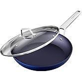 MsMk Non stick frying pan set with lid Blue, 12-inch Durable skillet, Titanium and Diamond Non Stick Non-Toxic Coating From USA, Even Heating, Easy Clean-Up, Comfort Handle, Induction Compatibility