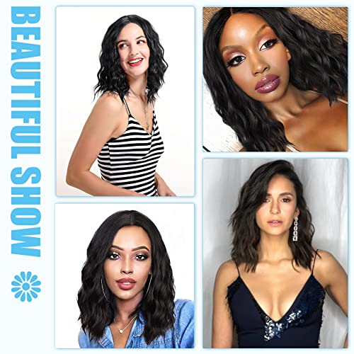 POPTAIYU Short Black Curly Wig Synthetic Shoulder Length Lace Front Wigs for Women Middle Part Wavy Bob Hair for Daily Party Use (Black,14 inch)