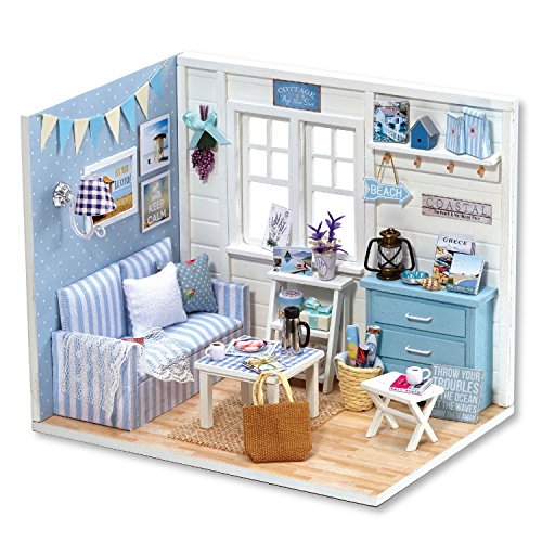 Cuteroom DIY Holz Puppenhaus Handmade Miniatur Kit - LED Wohnzimmer Modell & alle Möbel