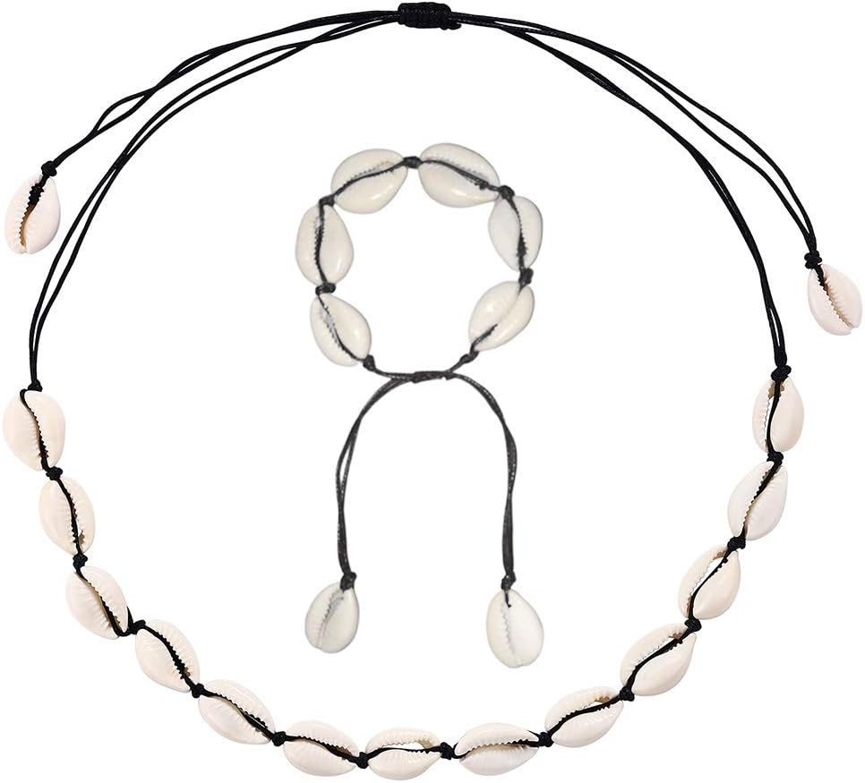 ASELFAD Cowrie Shell Necklace Choker and Bracelet Jewelry Sets for Women Adjustable Puka Shell Necklace Set Hawaiian Beach Seashell Necklace (Black)