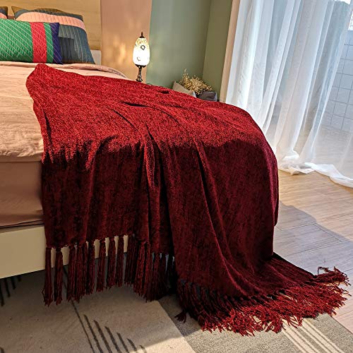 DOZZZ Fluffy Chenille Knitted Throw Blanket with Decorative Fringe for