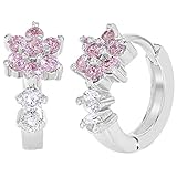 Rhodium Plated Pink Clear Flower Hoop Earrings Girls Teens 0.39